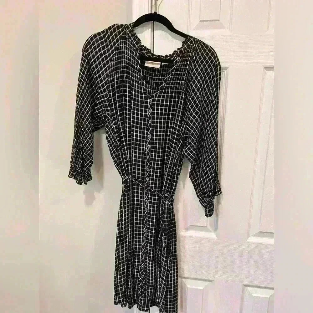 Black Grid Button-Front Shirt Dress with Tie Waist